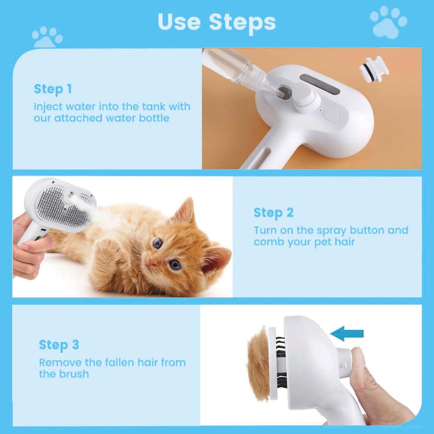 Pet Steam Brush for Dog & Cat – 3-in-1 Spray Hair Removal Comb – Steam Brush for Shedding & Grooming – Water for Long & Short Haired Pets – Spritz Defur Comb (White)