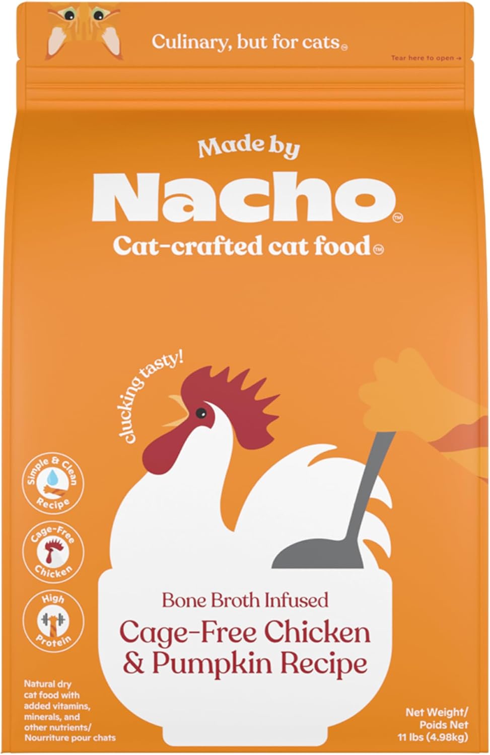 Made by Nacho Dry Cat Kibble 11lb Bag, High Protein and Grain-Friendly Premium Cat Food, Cage-Free Chicken & Pumpkin Recipe, Infused with Bone Broth for Hydration, Limited Ingredients, Single Bag