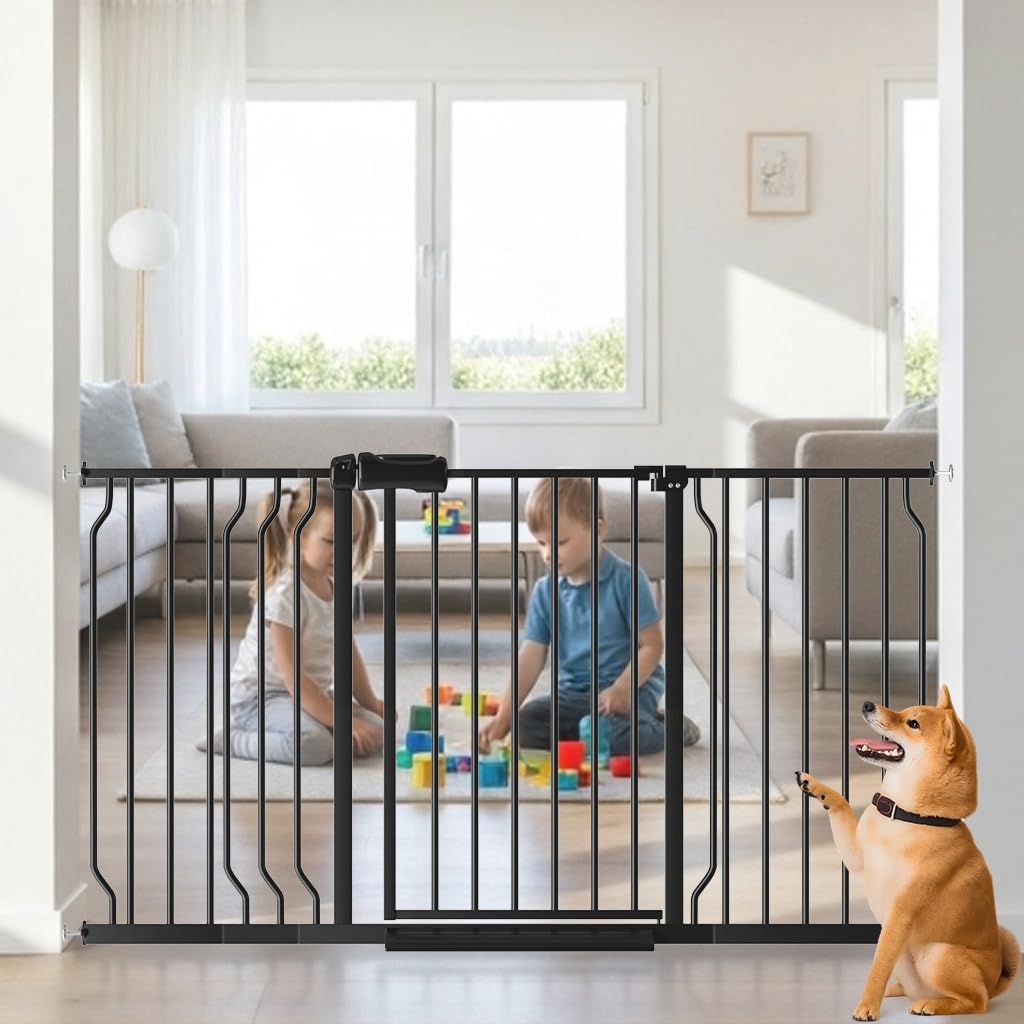 TSAYAWA Walk Through Baby Gate with Door, 52.76~62.2 Inch Wide Presure Mounted No Drill Metal Auto Close Child Gate for Stair Doorway - Indoor Outdoor Safty Gate for Toddler Dog Doggie, Black