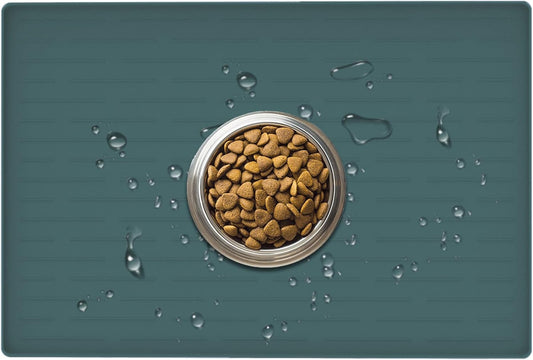 24" x 16" Dog Food Mat, Silicone Pet Mats for Food and Water, Nonslip Pet Feeding Mats for Floors, Dog Cat Bowl Mat with Raised Edges, Dark Green