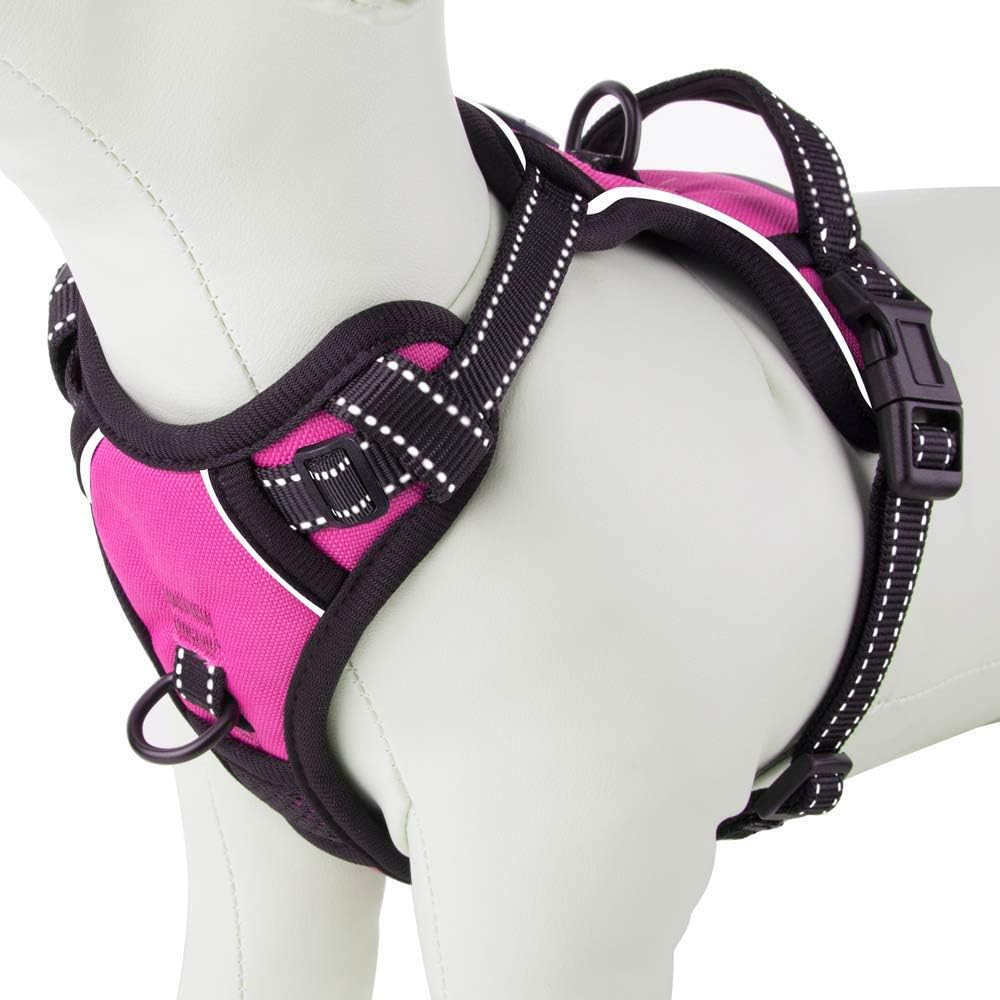 PHOEPET Reflective Dog Harness No Pull Large Breed Vest with 2 Metal Leash Attachment Hooks(XL, Pink)