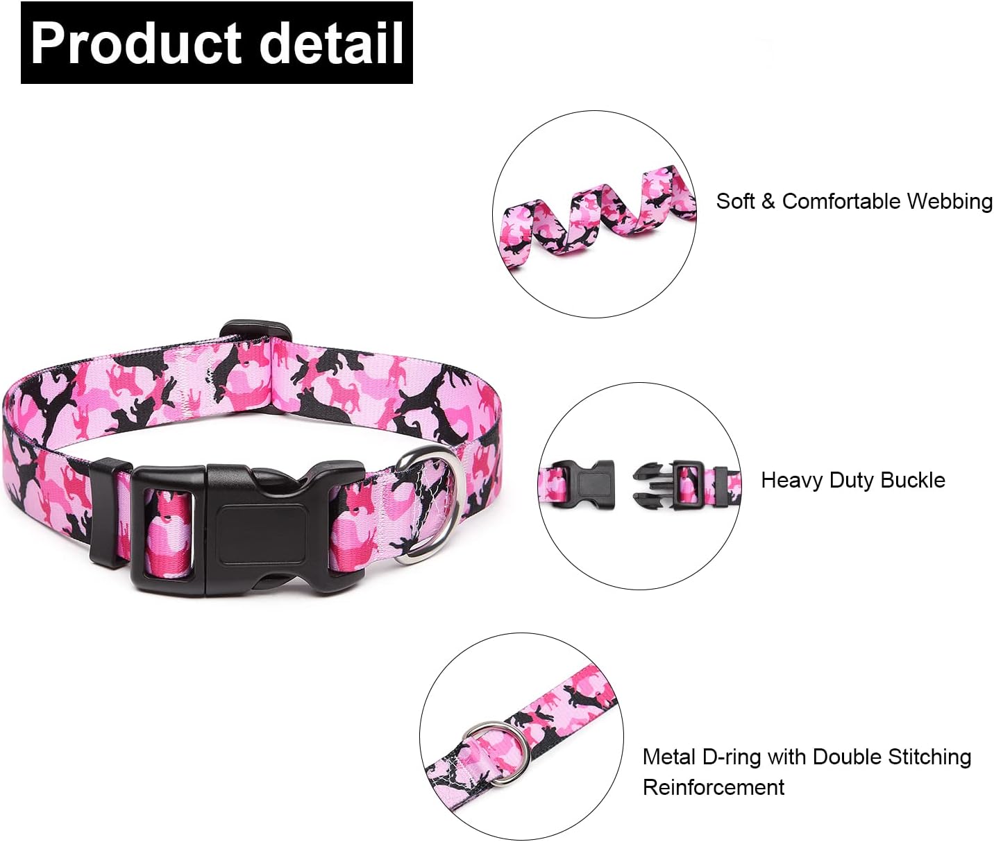Mercano Adjustable Dog Collar - Special Design Patterns, Soft Nylon Comfortable Sturdy Pet Collar for Small Medium Large Dogs (M, Dog Camouflage Pink)