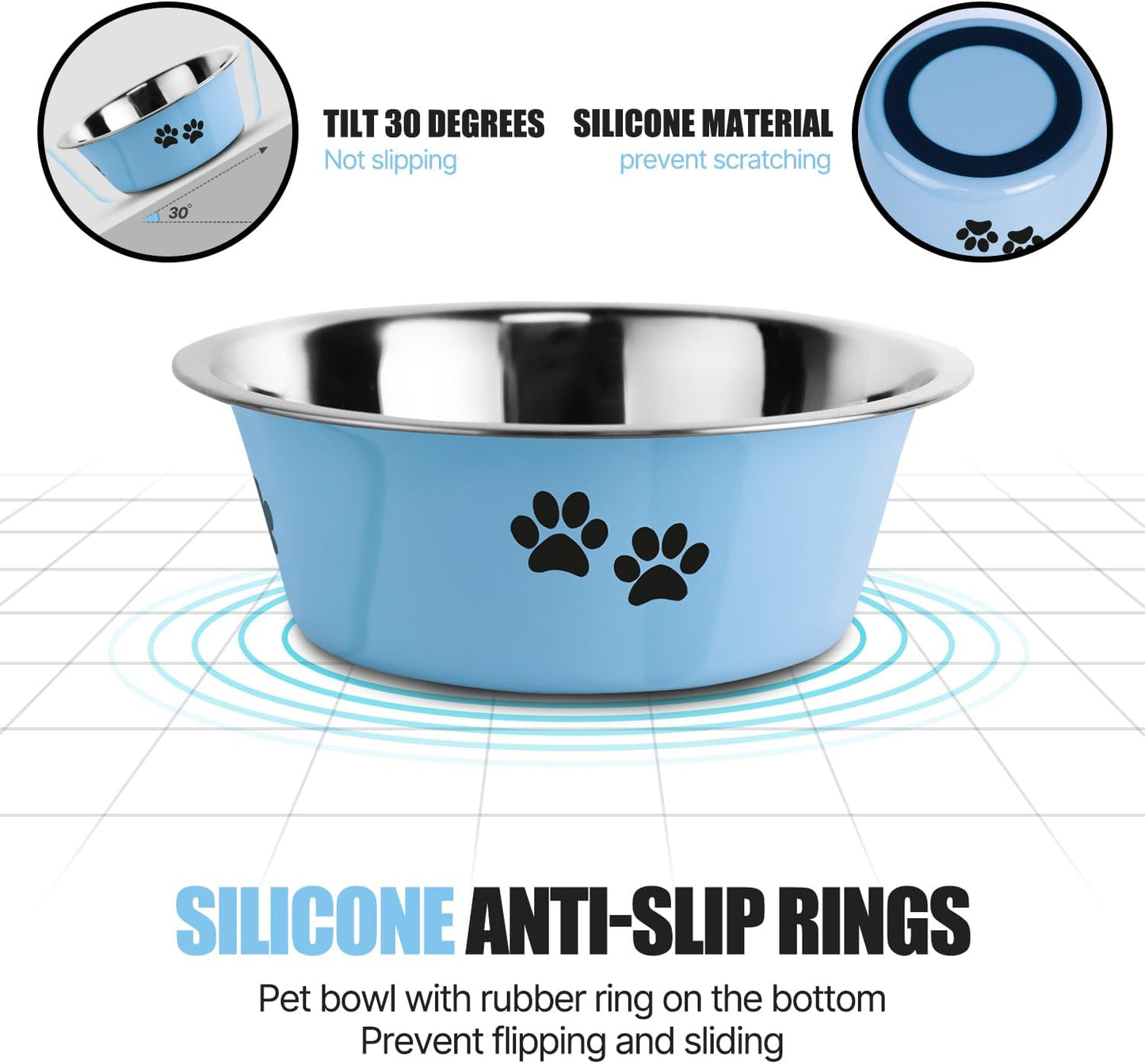 Stainless Steel Dog Bowls, Nonslip Rubber Bottom No Spill Proof Skid Metal Insulated Dog Bowls for Large Medium Small Breed Dogs (Blue, 6.6 Cups/53 OZ)