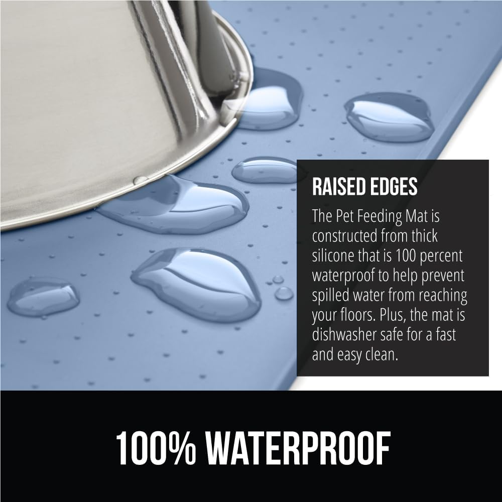 GORILLA GRIP 100% Waterproof Raised Edge BPA Free Silicone Pet Feeding Mat, Dog Cat Food Mats Contain Spills Protects Floors, Placemats for Cats and Dogs Water Bowl, Pets Accessories 28x18 Blue