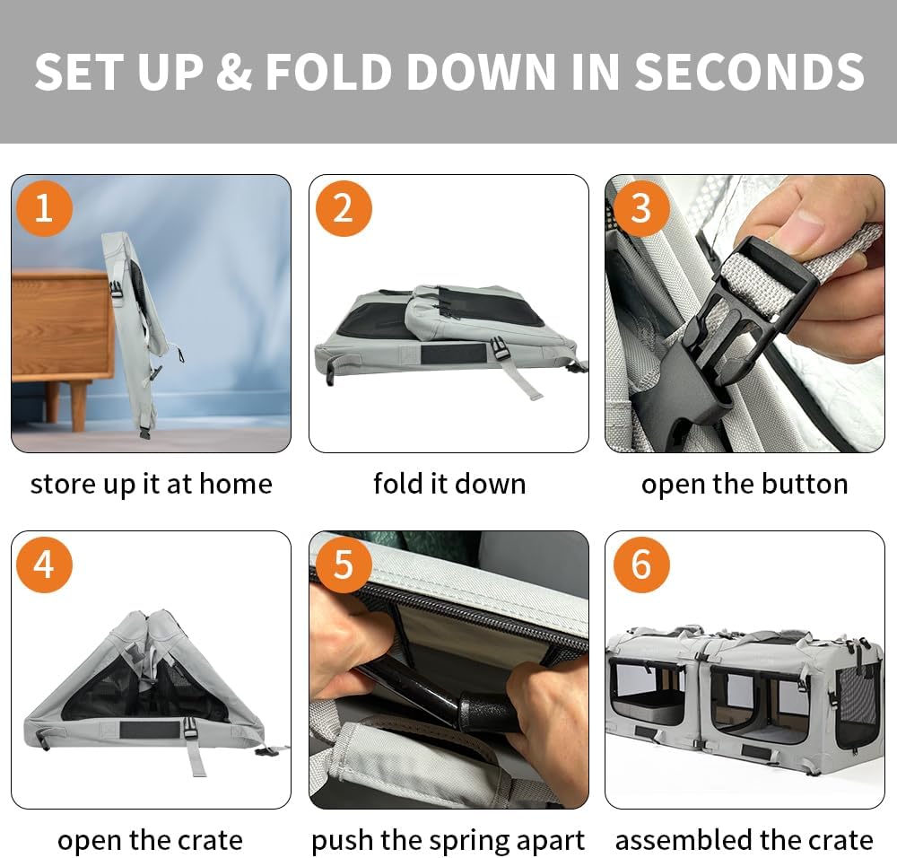 Extra Large Cat Carrier Soft Sided, Portable Small Dog Carrier for 2 Cats, 24"x16.5"x16" Car Travel Folding Comfortable Design with Litter Box and Bowls, Grey-2+ Litter Box+ Bowl*2