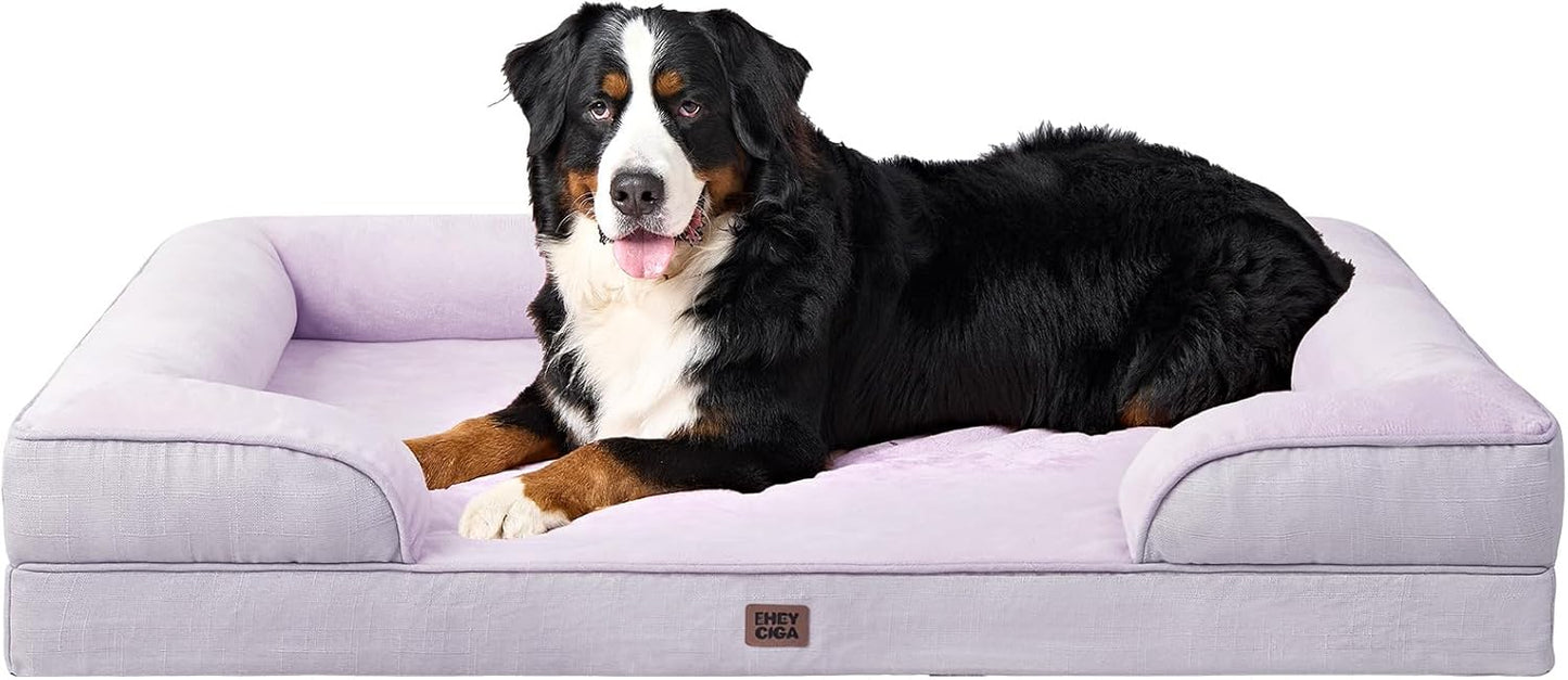 EHEYCIGA Orthopedic Dog Beds for Extra Large Dogs, Waterproof Memory Foam XXL Pet Bed with Sides, Non-Slip Bottom and Egg-Crate Foam Big Dog Couch Bed with Washable Removable Cover, Lilac