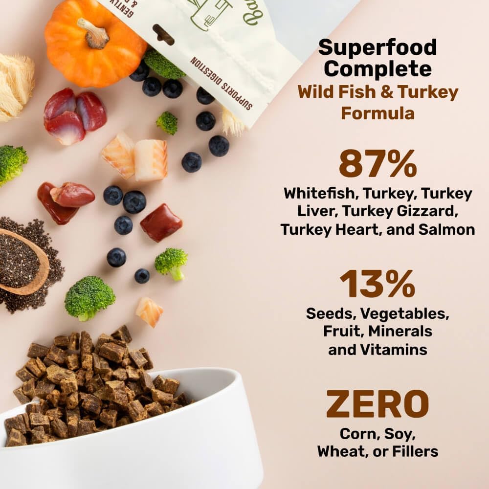 BADLANDS RANCH by Katherine Heigl- Superfood Complete, Air-Dried Adult Dog Food - High Protein, Zero Fillers, Superfood Nutrition (24 Ounce (Pack of 4), Fish & Turkey)