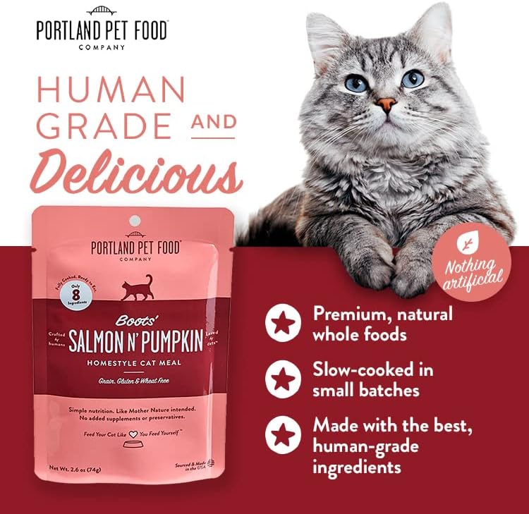 Human-Grade Mixed Variety Pack Wet Cat Food Pouch — Moist, Soft Cat Food Mixer, Topper, and Rotational Meal (6 Chicken, 6 Salmon) by Portland Pet Food Company