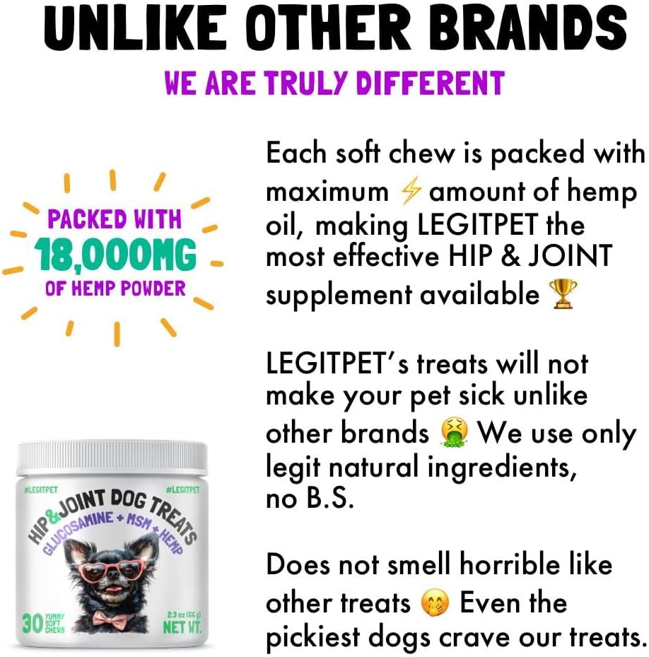 LEGITPET Hemp Hip & Joint Supplement for Dogs Soft Chews Made in USA Functional Glucosamine for Dogs Chondroitin MSM Turmeric Hemp Seed Oil Natural Pain Relief Mobility Advanced Joint 30 Treats