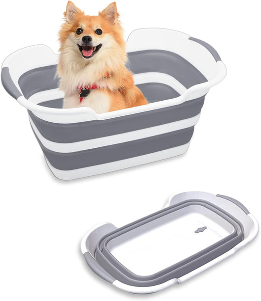 Collapsible Pet Bathtub, 7.1 Gal (27L) - Foldable Bathing Tub with Drain Plug for Dogs & Cats Under 30 lbs - Multi-Use as Laundry Basket, Storage Organizer, Camping Sink (Grey)