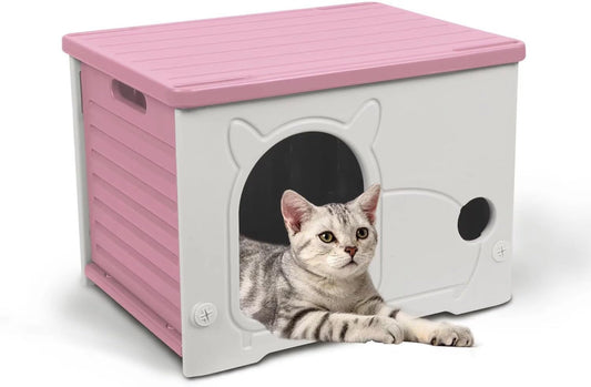 Plastic Outdoor Cat House Waterproof Feral Cat Shelter (Pink)