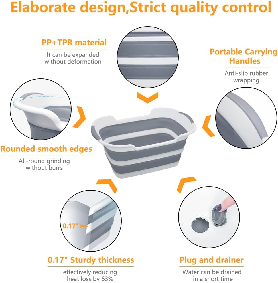 Collapsible Pet Bathtub, 7.1 Gal (27L) - Foldable Bathing Tub with Drain Plug for Dogs & Cats Under 30 lbs - Multi-Use as Laundry Basket, Storage Organizer, Camping Sink (Grey)