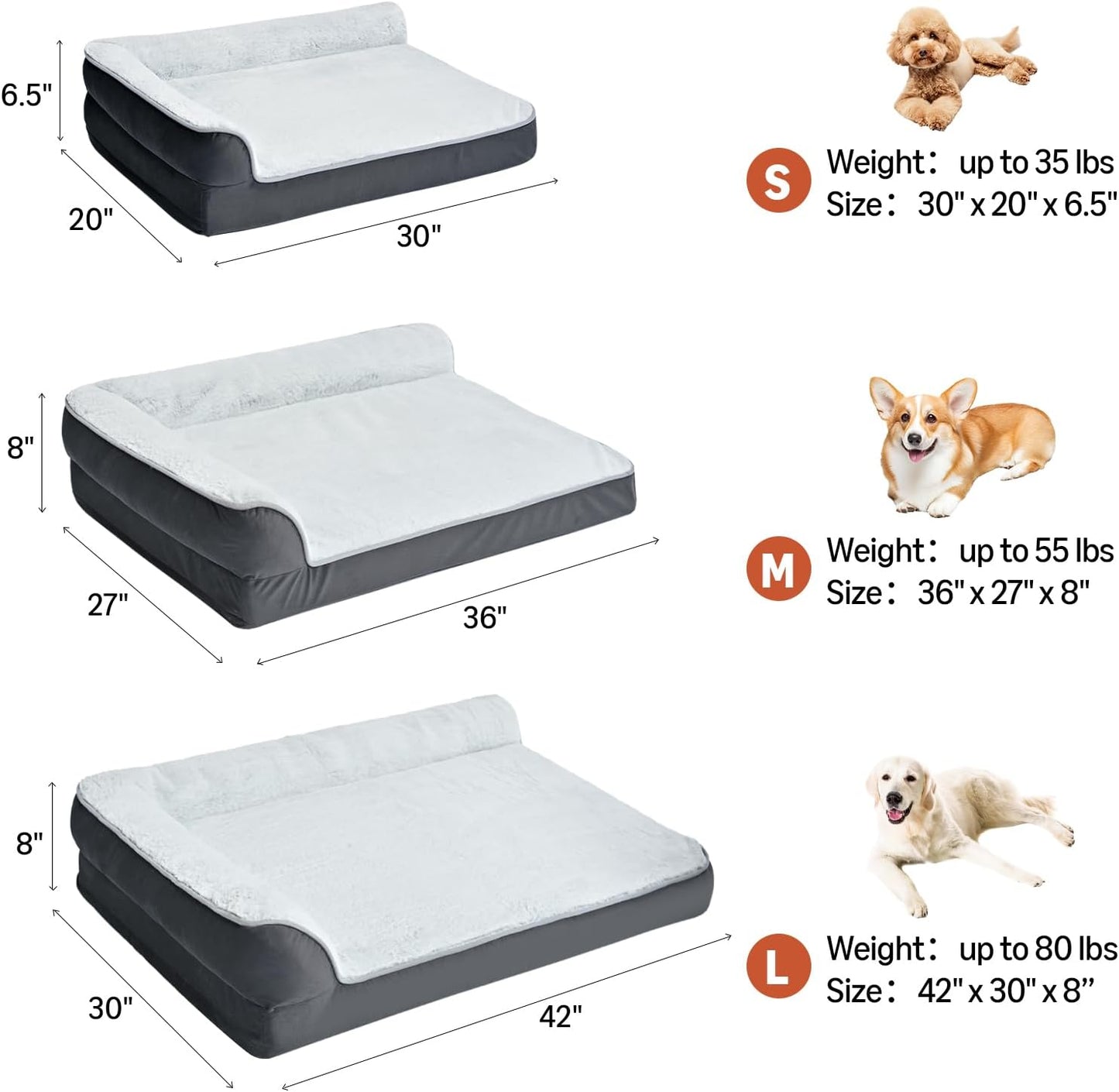 Amazon Basics Washable L-Shaped Dog Bed for Large Dogs, Anti-Slip Pet Sofa Bed for Indoor Dogs, Crate Bed, 42x30x8 Inches, Gray