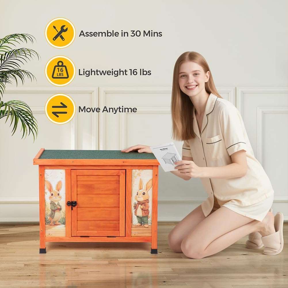 COZIWOW 24in Wooden Cat House Outdoor & Indoor Pet Shelter with Foldable Ramp - Weatherproof Rabbit Hutch with Unique Machine-Printed Art Designs for Cat, Rabbit, Guinea Pig (Orange)