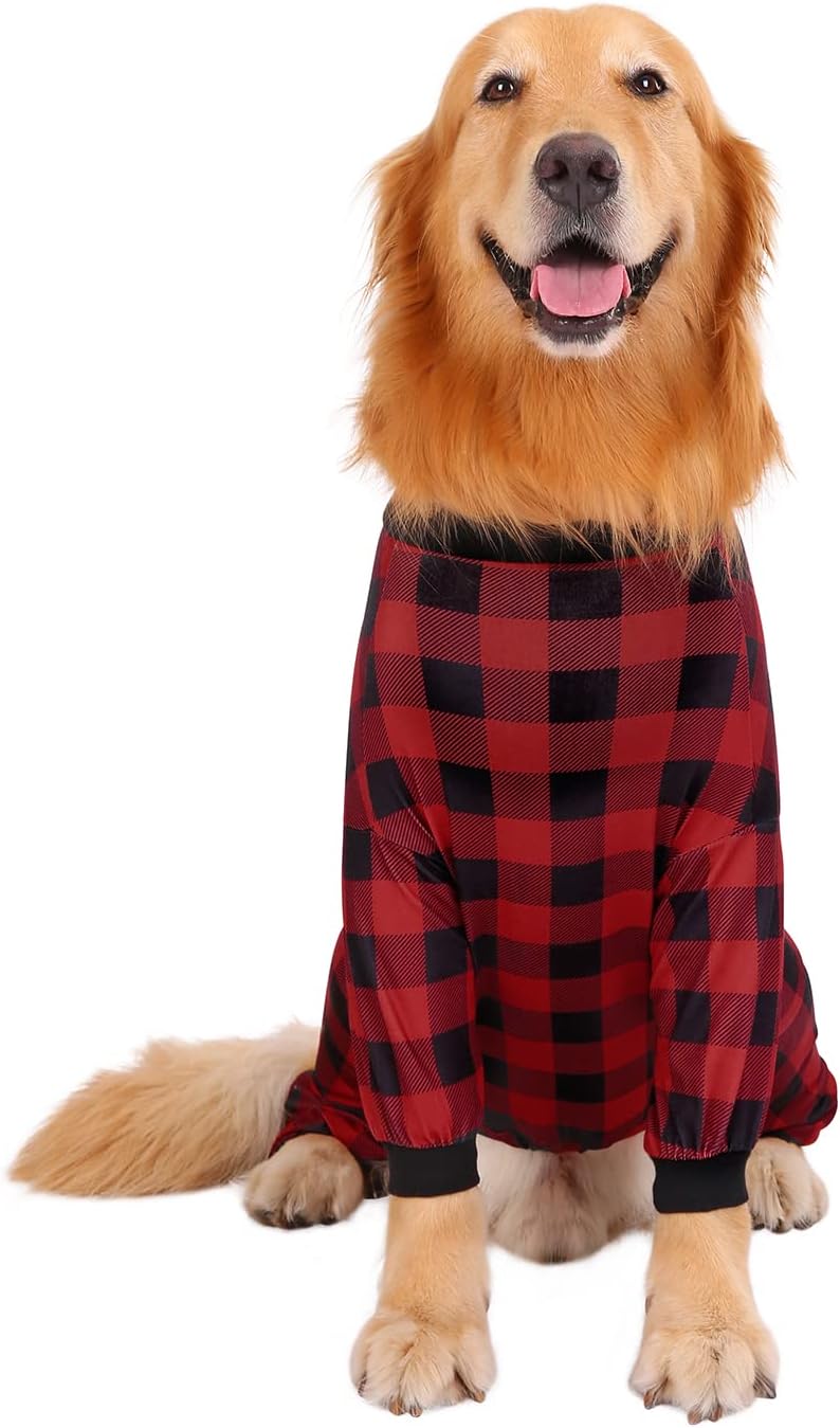 HDE Dog Pajamas One Piece Jammies Jumpsuit Pet Clothes Outfit Stretchy Lightweight Comfy Shirt Pjs for M-3XL Dogs Buffalo Plaid - M