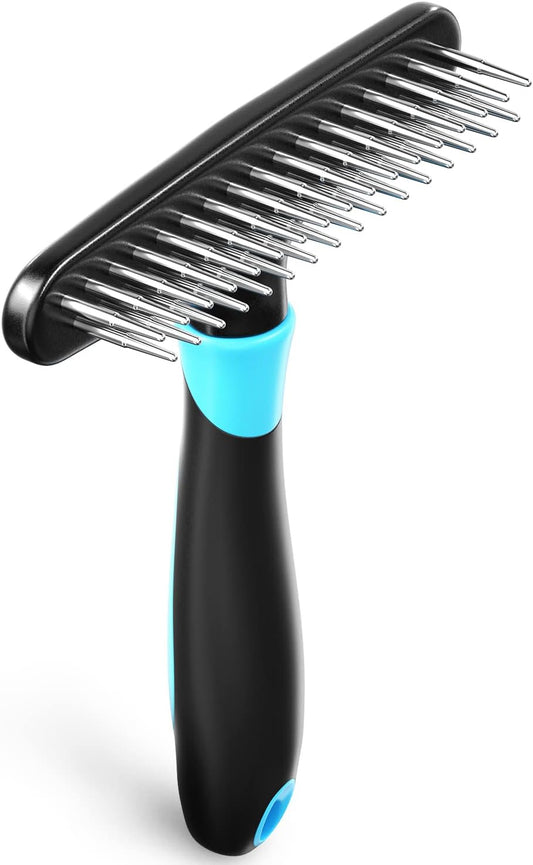 Deshedding Brush - Undercoat Rake for Dogs, Cats, Matted, Short, Long Hair Coats - Double Row Stainless Steel Pins - Reduce Shedding by 90% (Blue)