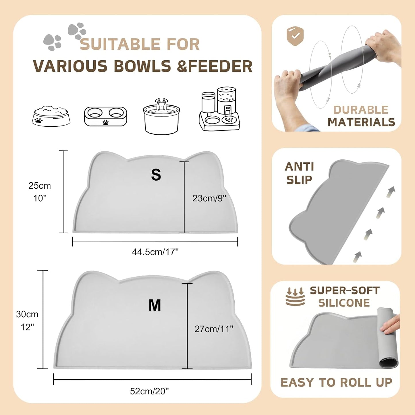 Cat Food Mat, Silicone Pet Feeding Mat for Floor Non-Slip Waterproof Dog Water Bowl Tray Cushion (20" x 12", Coral Pink)