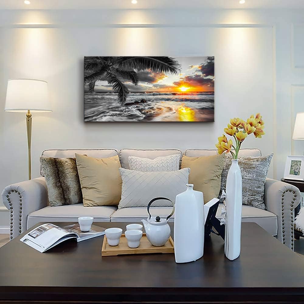 Yxbhhym-Large Canvas Ocean Wall Art Black White Gold Wall Art Beach Pictures for Walls Sunrise Seascape Scenery Print Palm Poster Wave Sea Artwork for Wall Art Living Room Office Wall Decor Bedroom