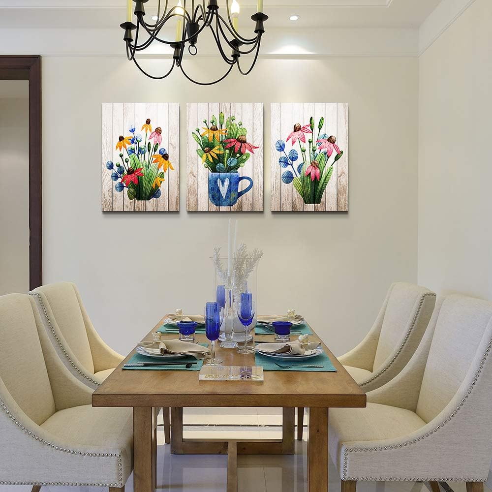 Vintage Wood grain plant flowers wall art for kitchen Wall Decorations for Living Room Bathroom Decorations room Wall decor 3 Pieces Framed Canvas print Artwork modern Office Home Decor paintinge