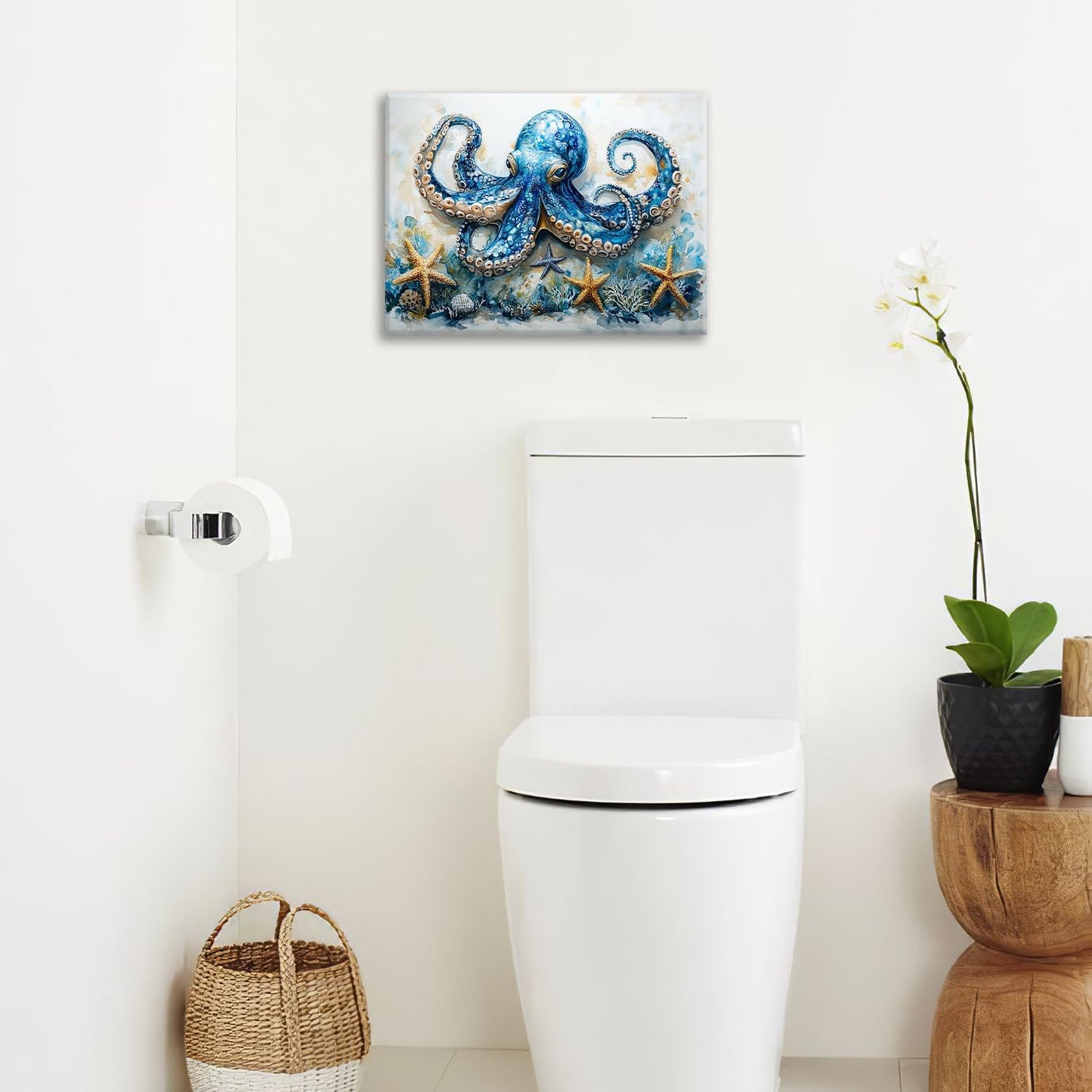 Octopus Bathroom Pictures Wall Art, Sea Animal Ocean Bathroom Wall Decor, Nautical Framed Painting Canvas Artwork for Bedroom Living Room Decorations 16"L x 12"W