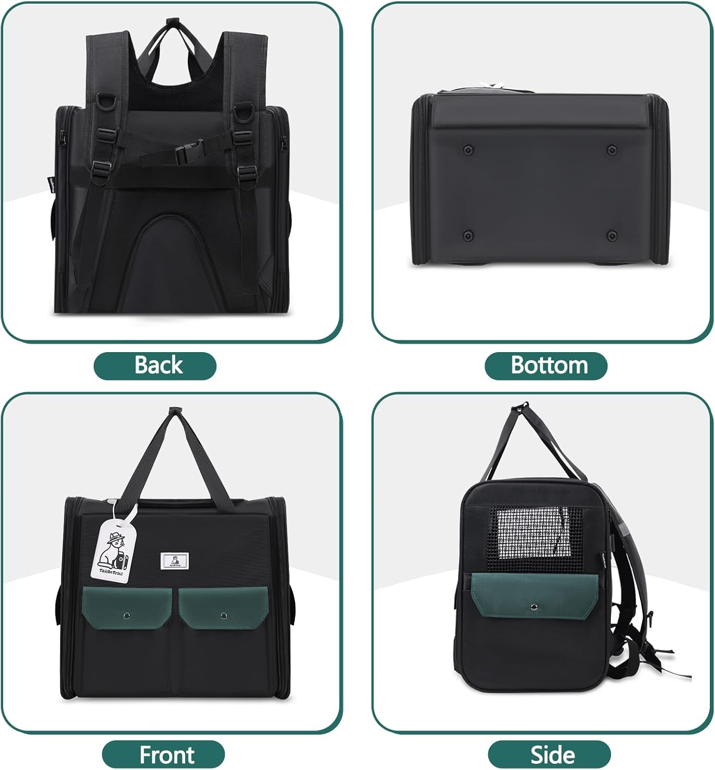 Dog Backpack, Pet Backpack with Breathable Mesh, Pet Travel Carrier with Soft Padded, Reinforced Support, Airline Approved Cat Backpack(Black)