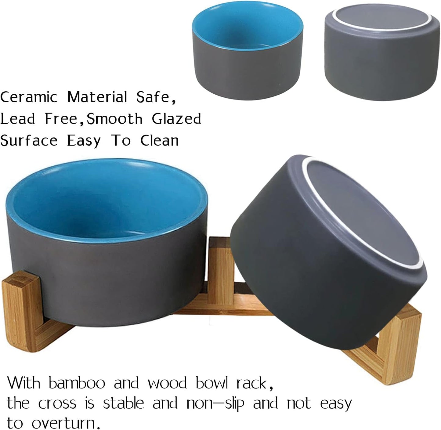 Petygooing Heavy 5.1 in Ceramic Cat Dog Bowls Set with Wood Stand for Food and Water, Non-Slip Cute Modern Pet Dish for Small Size Dogs and Cats (13.5OZ) Medium Sized Dogs (28OZ) Grey Blue