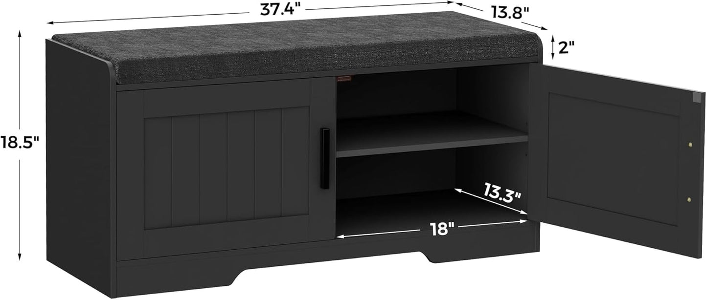 2-Tier Storage Bench, Shoe Bench with Thickened Padded Seat Cushion, Entryway Bench with 2 Doors, Adjustable Shelf, 13.8" D x 37.4" W x 18.5" H, for Entryway, Living Room, Bedroom, Black