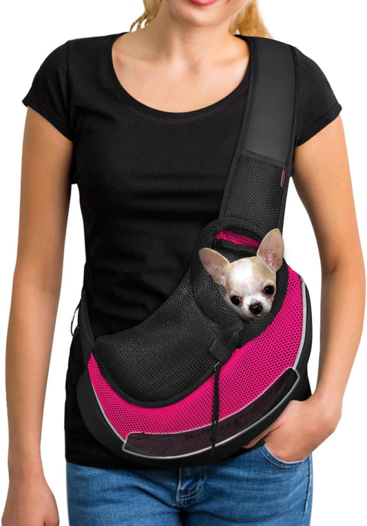 YUDODO Pet Sling Carrier for Small Dogs & Cats – Hands-Free Puppy Carrier with Safety Hook, Large Zipper Pocket, Soft Breathable Mesh, Adjustable Strap & Reflective Strip (Pink 3.0 M)