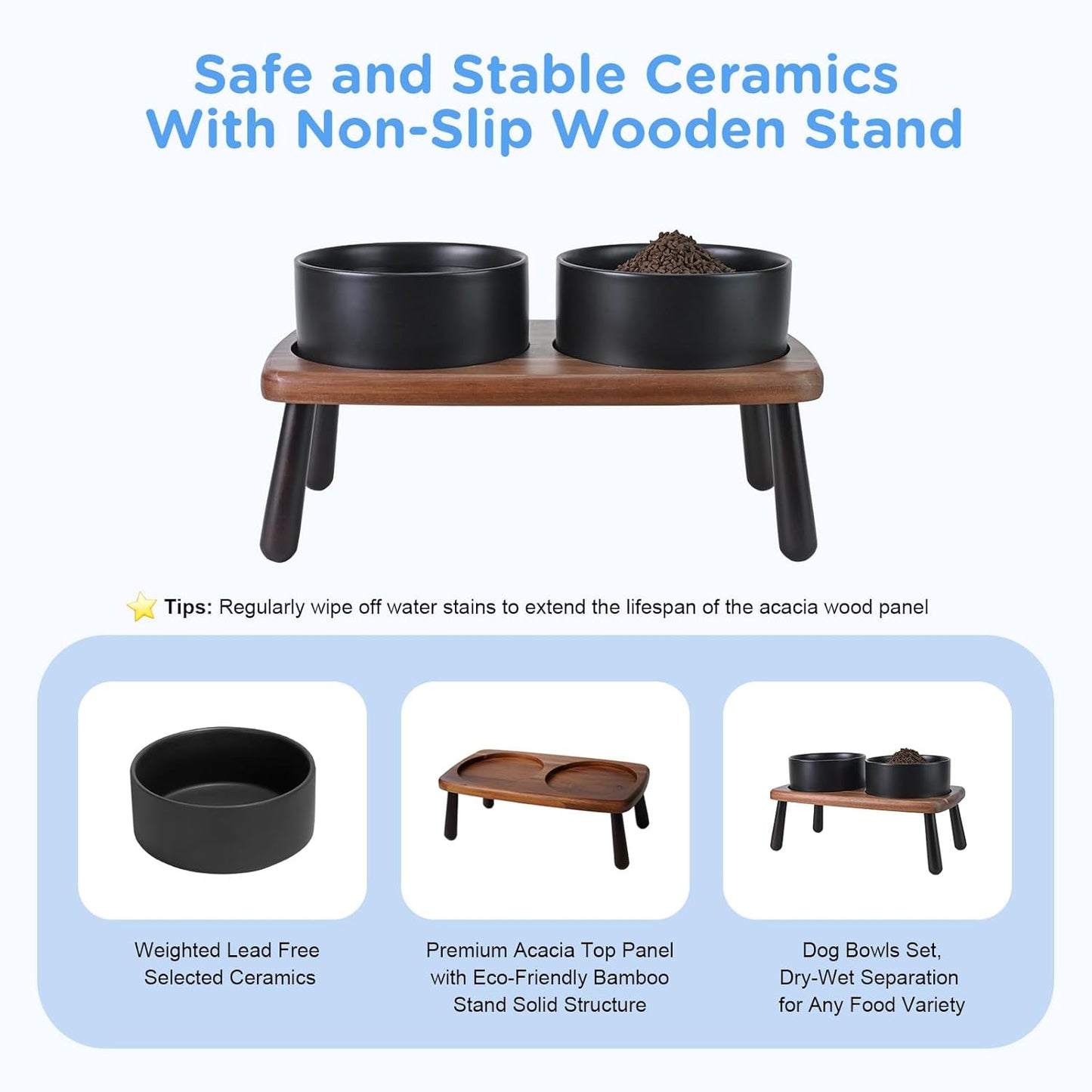 SPUNKYJUNKY Ceramic Elevated Dog Bowls Raised with Acacia Bamboo Wooden Stand, 6.1'' Dog and Cat Food Water Bowls Set Non-Slip for Small Medium Sized Breed Microwave Dishwasher Safe - 28.7 OZ,Black