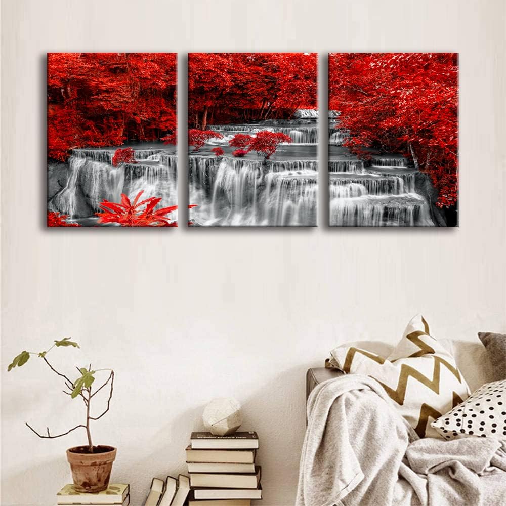 Yxbhhym Black White and Red Waterfall Canvas Wall Art Forest Paintings Waterfall Artwork for Wall Print Landscape Wall Picture for Living Room Wall Decor Large Framed Wall Art -24x48inches