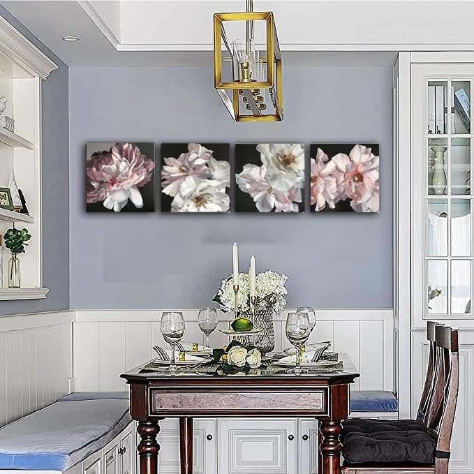 Yxbhhym Floral Canvas Wall Art White Flowers Wall Picturs Prints Pink Florals Artwork for Wall Décor Painting Poster for Bathroom Art Living Room Decor-Framed Wall Art -12x12inches x 4 pcs