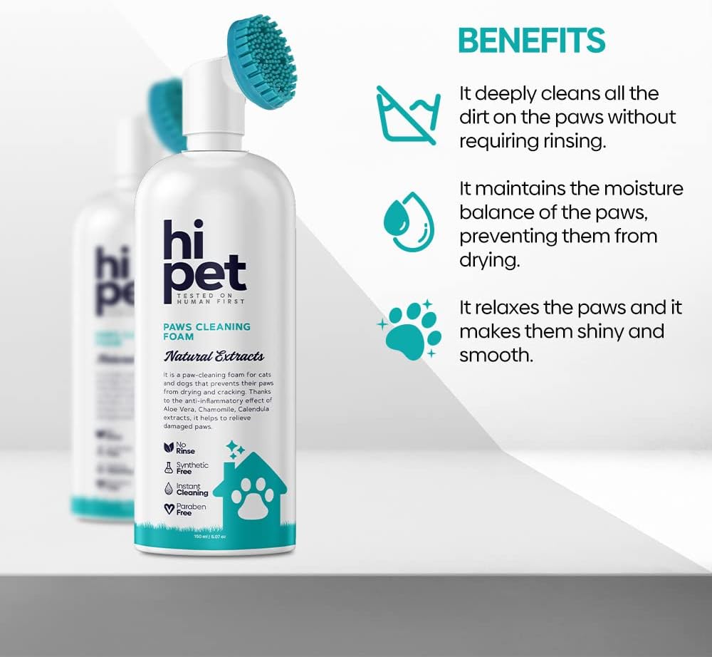 Hi Pet Dog Paw Cleaner Foam with Built-in Paw Scrubber Brush, Paw Cleaner for Dogs and Cats, Cat and Dog Paw Moisturizer, Effortless and Easy-to-Use Bottle Design Dog Feet Cleaner (Pack of 2)