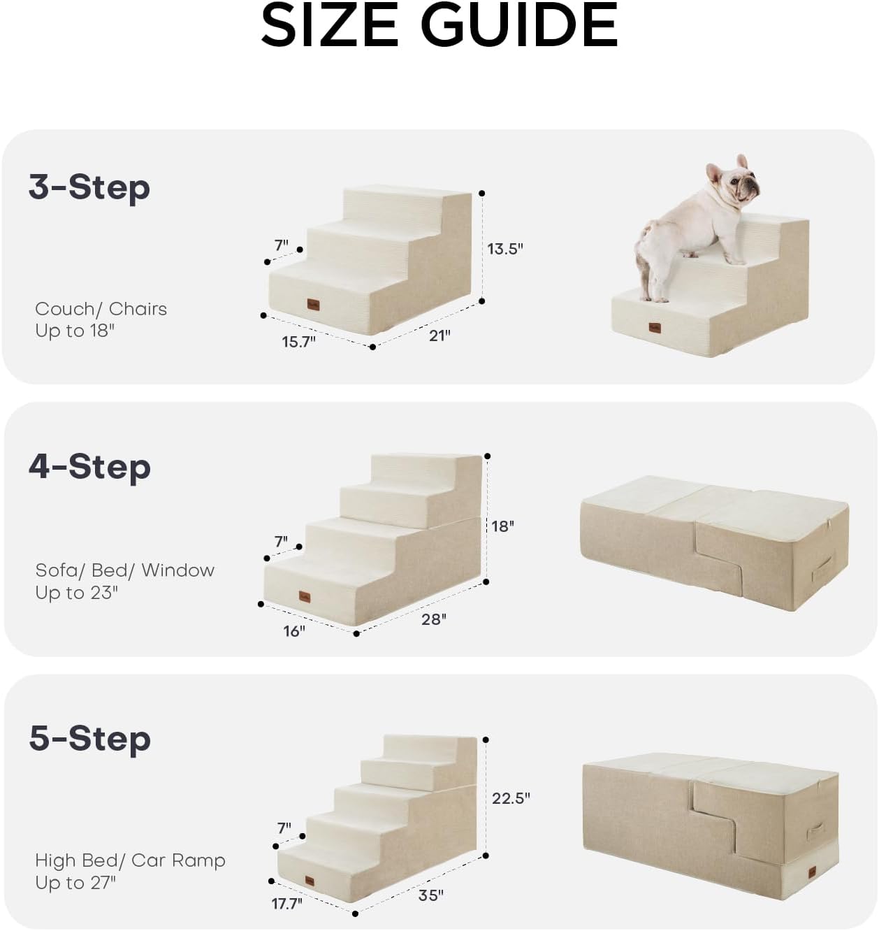 Made4Pets Dog Stairs for Small Dogs, Extra Wide Dog Steps for Bed Couch Sofa and Chair, 35D Foam Pet Steps for Small Dogs and Cats, Non-Slip Bottom Pet Stairs, Beige, 3 Steps