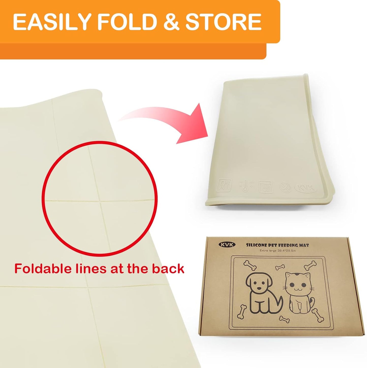 KVK Dog Water Mat 39.4 by 29.5in Extra Large - Silicone Mat for Dog Bowls Waterproof Non Slip - XL Pet Mat for Food and Water Protect Floors - Beige