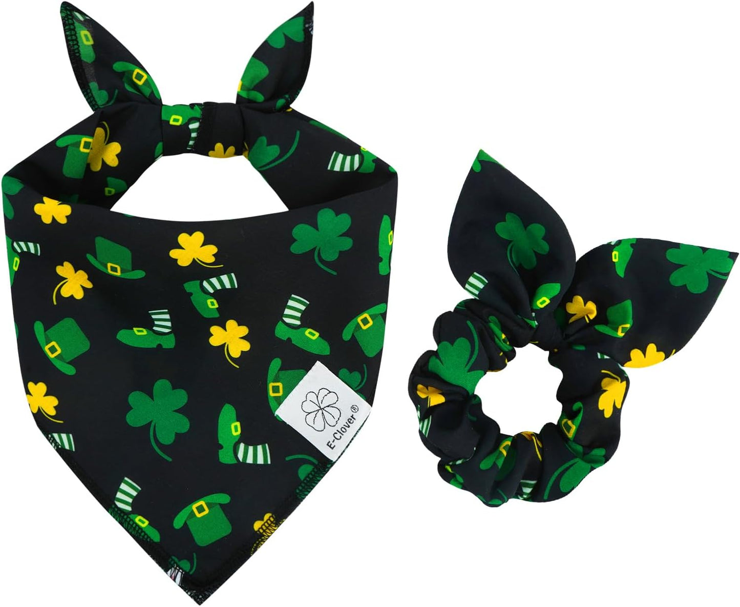 E-Clover Dog Bandana Boy & Matching Scrunchie-Shamrock Dog Bandanas Irish Pet Scarf Bib for Medium Large Dogs Girl Owner Gift Dark Green