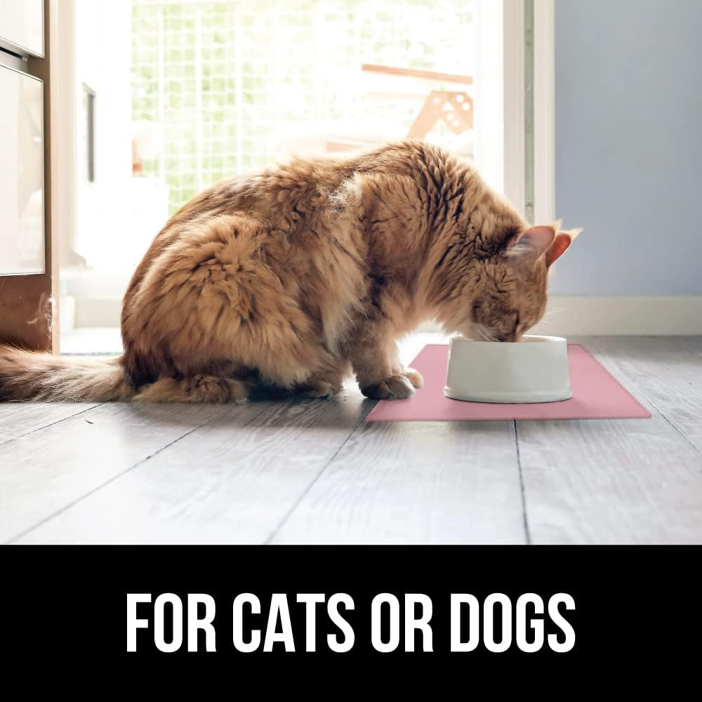 GORILLA GRIP 100% Waterproof Raised Edge BPA Free Silicone Pet Feeding Mat, Dog Cat Food Mats Contain Spills Protects Floors, Placemats for Cats and Dogs Water Bowl, Pets Accessories 16x10, Pink