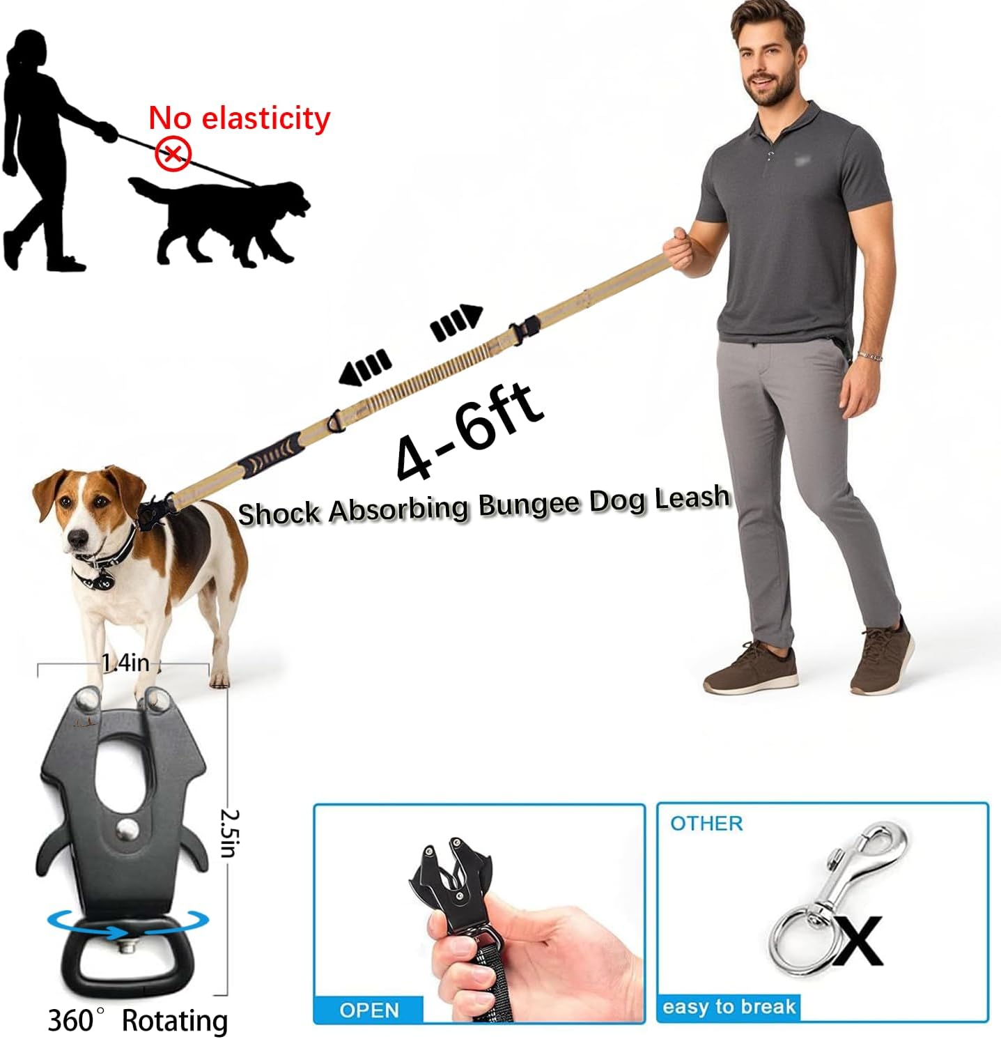 Heavy Duty Tactical Bungee Dog Leash, 4-6FT Shock Absorbing Tactical Leash with 2 Padded Handles, Metal Carabiner Clip,Car Seatbelt, Reflective Dog Leashes for Medium Large Dogs (Brown)