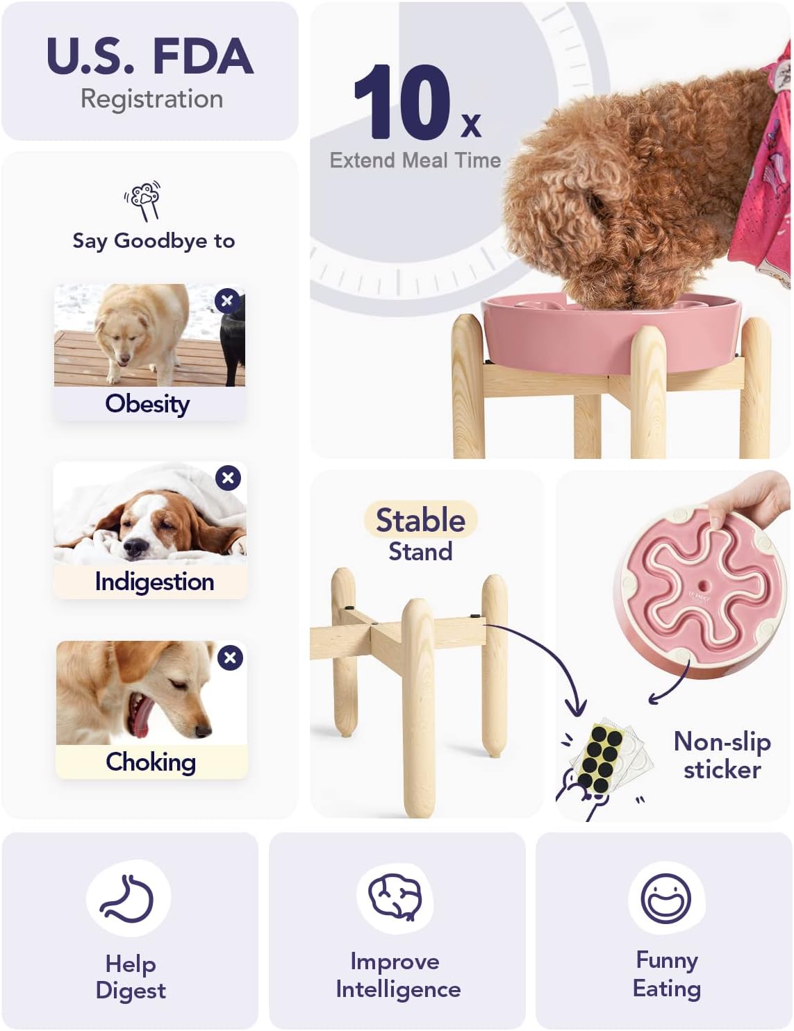 LE TAUCI Ceramic Slow Feeder Dog Bowls Elevated, 3 Cup Raised Bowl with Wooden Stand for Medium Large Breed, Slow Down Eating, Puzzle Dog Food Bowl, Pink Bloom