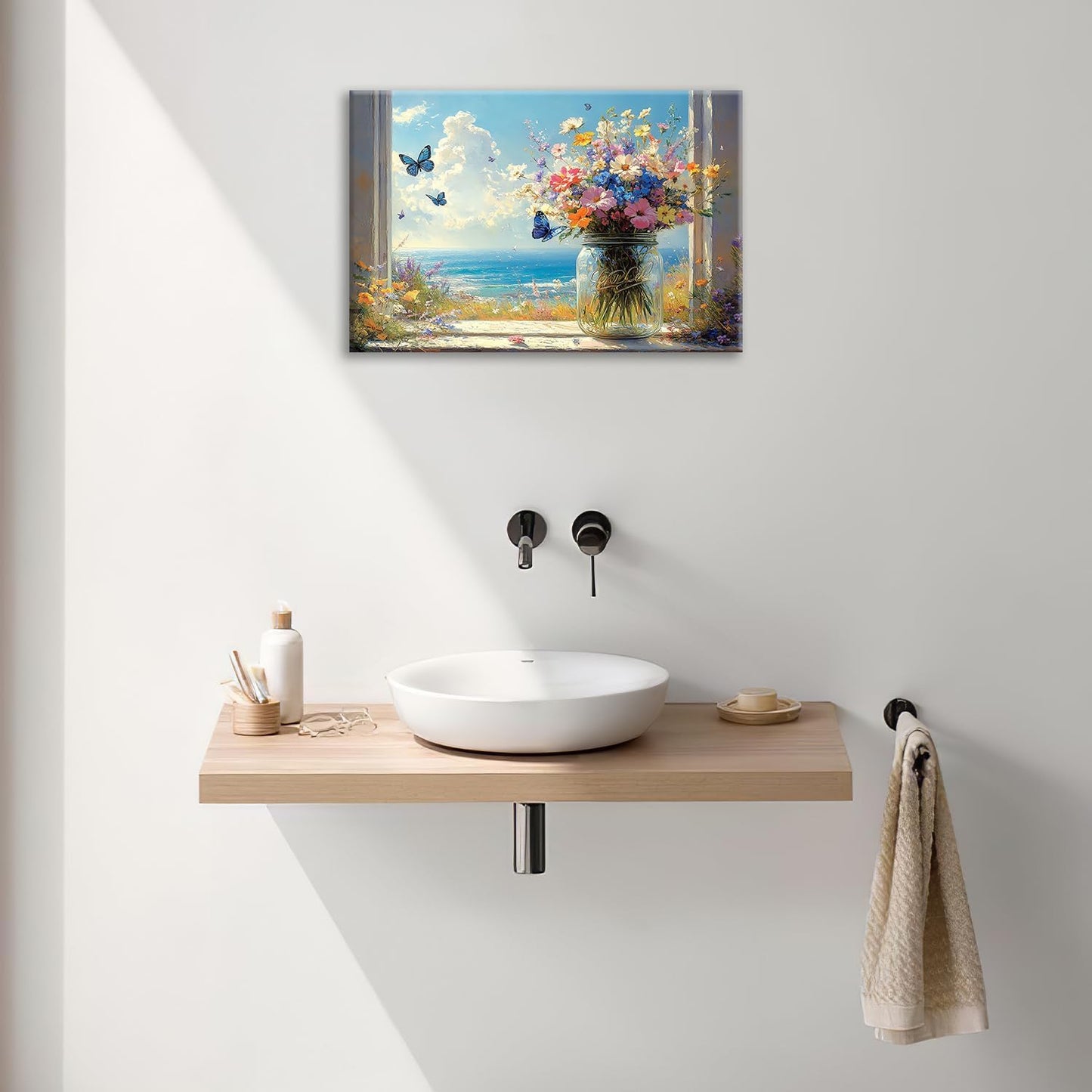 Beach Floral Bathroom Pictures Wall Art, Colorful Flower Bathroom Wall Decor, Coastal Ocean Framed Painting Canvas Artwork for Bedroom Living Room Decorations 24"L x 16"W