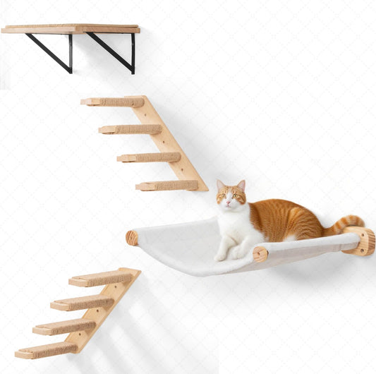 Cat Wall Shelves with 1 Floating Fabric Hammock, 2 Ladders with 4 Steps Each & 1 Flat Cat Shelf, Wall Mounted Bed Furniture & Climber, Indoor Playground