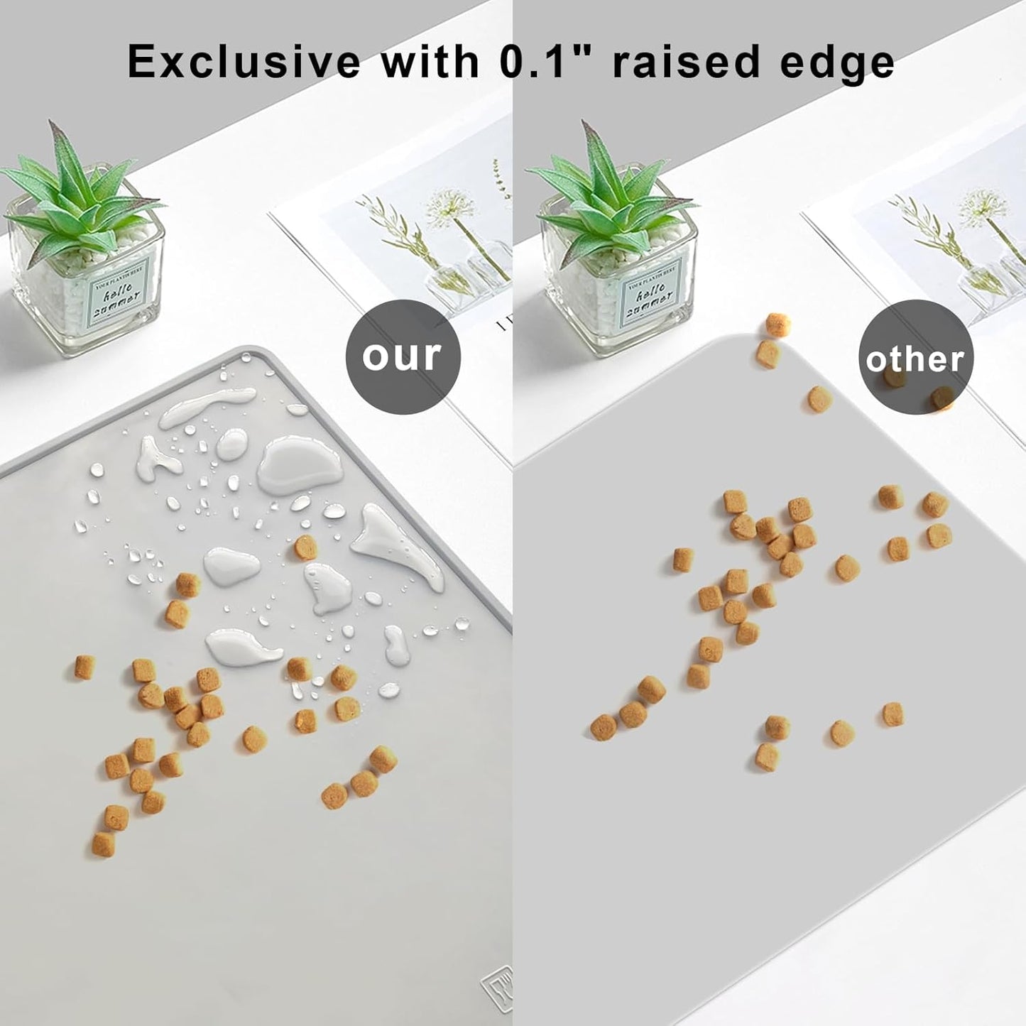 KVK Dog Water Mat 2-Pack 20×16in - Silicone Dog Mats for Food and Water, Non-Slip Pet Feeding Mat for Floors, Waterproof Cat Bowl Mats to Prevent Spills - Silver Gray & Cream