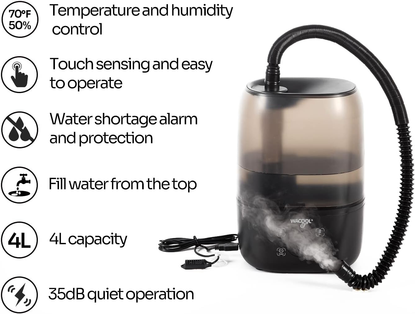 WACOOL Reptile Fogger with Humidity Controller, 4L Large Tank Reptile Humidifier with Humidistat & Extended Hose, Automatic Terrarium Fogger for Beared Dragon Lizard Gecko Snake Tortoise