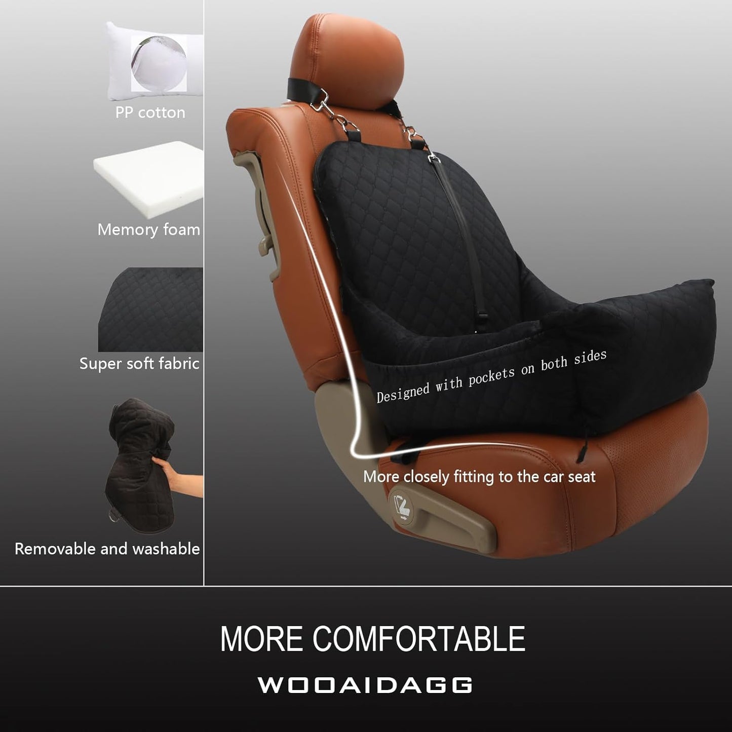 Dog Car Seat for Small Dogs Up to 25 lbs,Covered Ultra-Soft Fabric and Fill in Memory Foam,Fully Detachable and Washable,2 Clip-On Safety Leashes and Storage Pockets(Black)