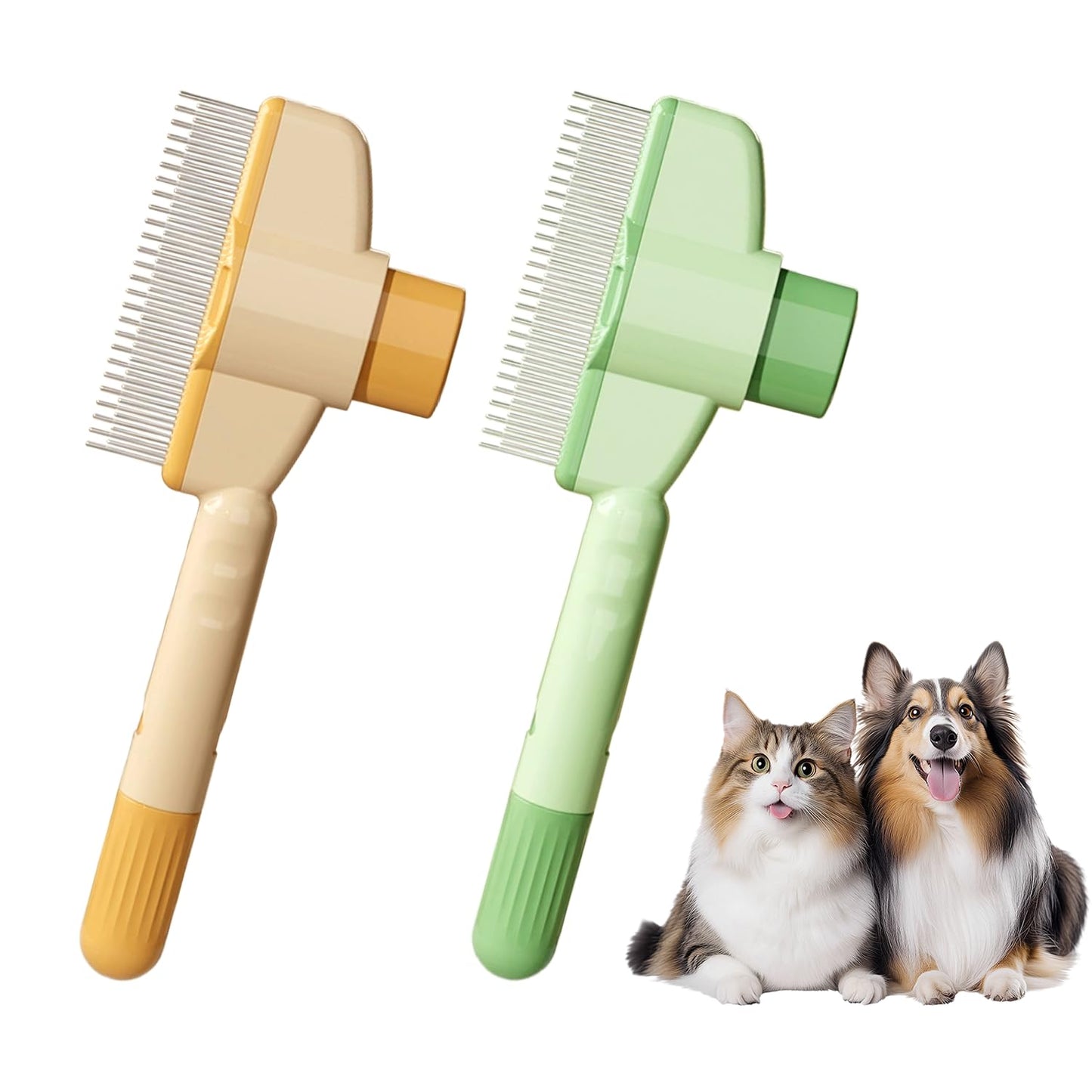 2-Pack Pet Hair Removal Comb & Flea Comb with Release Button for Cats & Dogs - Grooming Brush for Short/Long Hair Green & Yellow