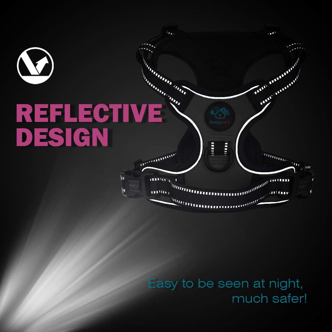 PHOEPET Reflective Dog Harness No Pull Large Breed Vest with 2 Metal Leash Attachment Hooks(XL, Red)