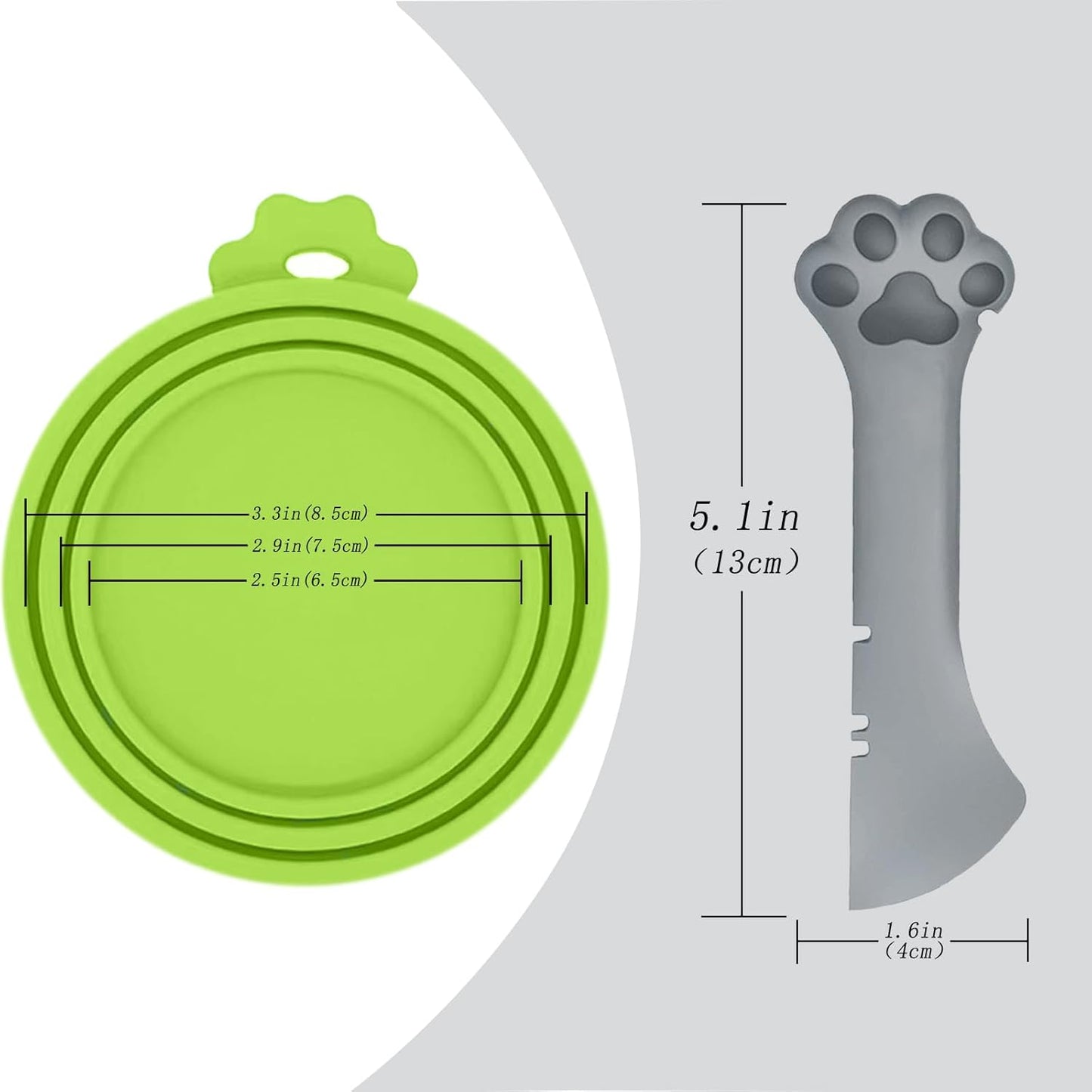 Food Can Spoon & Lids, One Multi-Functional Opener Spatula, 4 PCS BPA Free Silicone Universal Can Covers, Cute Paw Shape Spoon for Cat Dog Wet Food (Grey)