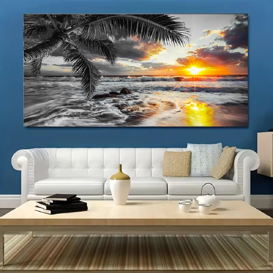 Yxbhhym-Black and White Wall Art Beach Décor Large Ocean Canvas Pictures Wave Sunrise Seascape Print Painting Palm Poster Sea Artwork for Office Wall Art Bedroom Accessories Living Room Décor