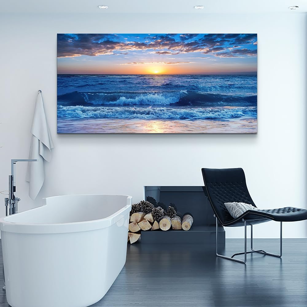 Lapremoly Large Wall Art For Living Room Canvas Wall Decor For Office Bedroom Wall Decorations Blue Ocean Beach Wall Painting Sunny Sea View Wave Wall Pictures Artwork Hotel Home Decor 30" X 60"
