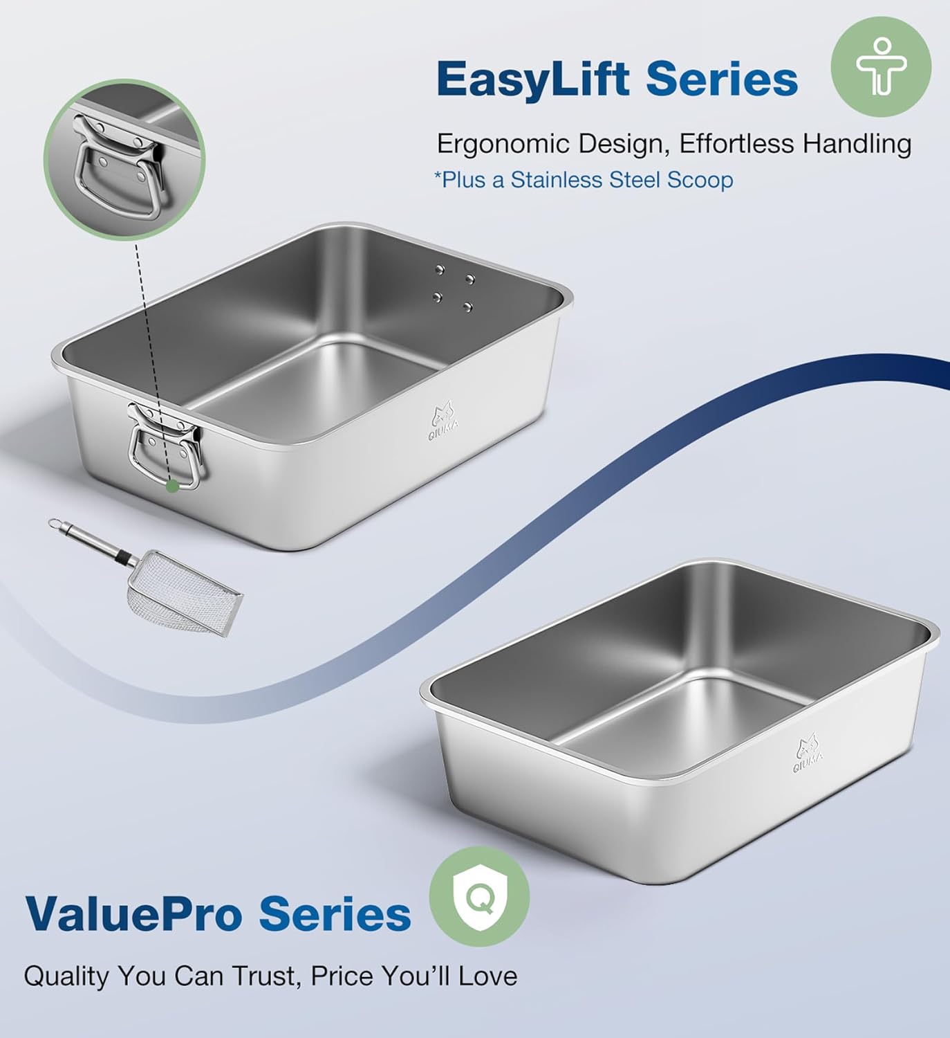 Stainless Steel Litter Box with Handle, Large Metal Cat Litter Box with High Sided for Big and Small Cats, Kitty Litter Boxes, Non-Stick, Easy to Clean, Odor-Free, Small Cat Toilet