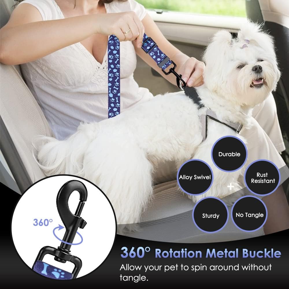 SlowTon Dog Seat Belt, Adjustable Dog Safety Belt Leash, 2 in 1 Latch Bar Attachment Dogs Car Seatbelt with Elastic Nylon Bungee Buffer, Reflective Nylon Belt Tether Connect (BL Dog Paw)